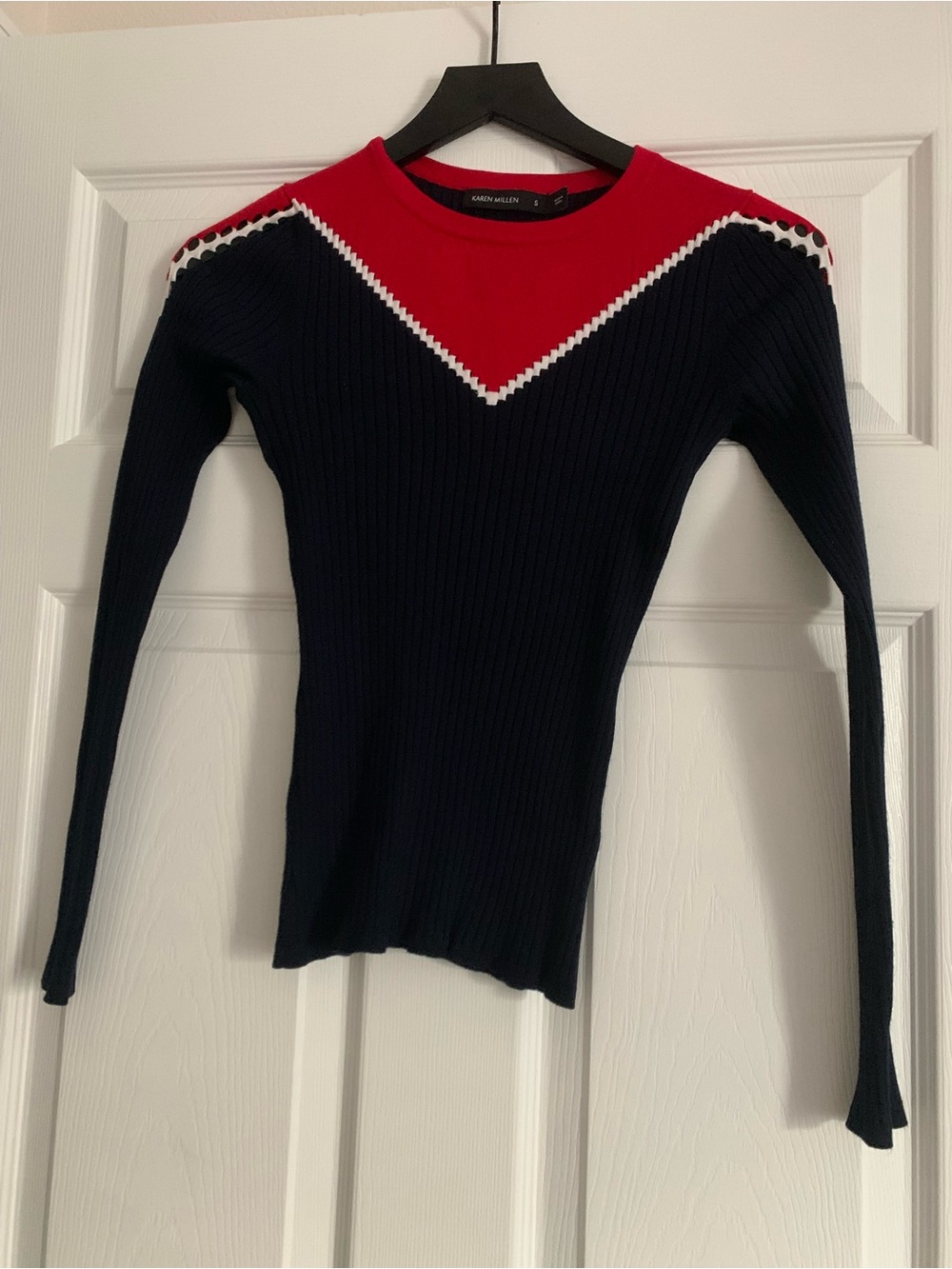 Karen Millen Navy Ribbed Long-Sleeve Top with Red V-Yoke and White Trim